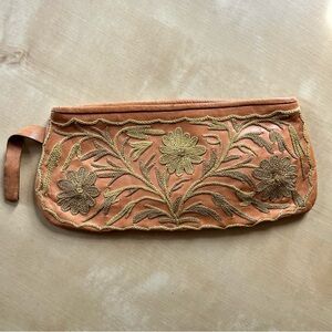 Mexican Embroidered Floral Wristlet Clutch in peach leather